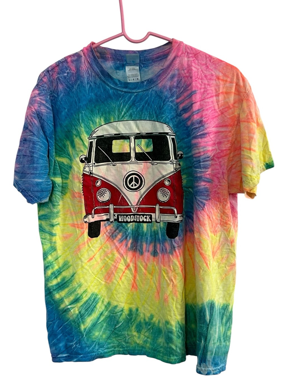 Vintage Woodstock VW Bus Graphic Tee Spiral Tie Dye Hippie Top L